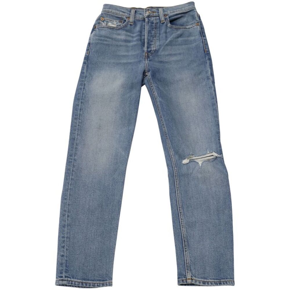 Redone Cropped Distressed Straight Jeans in Blue Denim